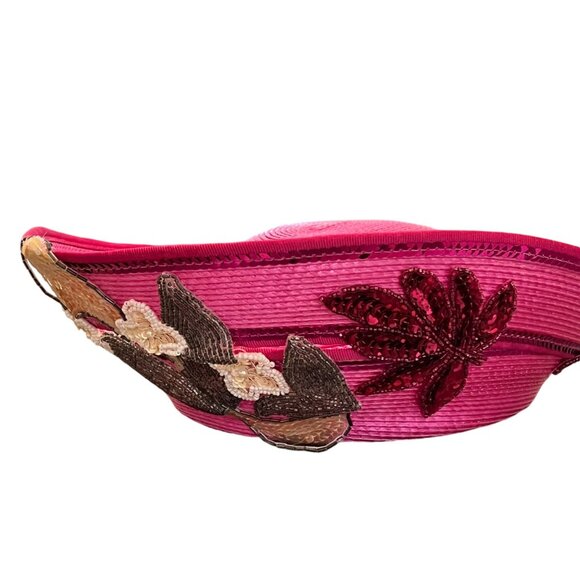 Deborah New York Pink Wide Brim Hat With Sequin Floral Applique - Picture 14 of 14